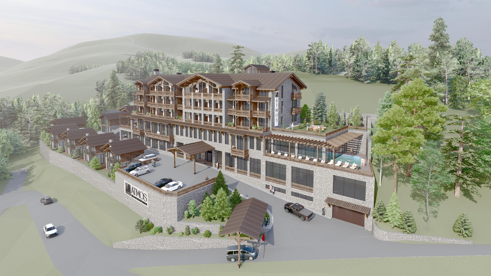 Overall perspective of the hillside hotel complex