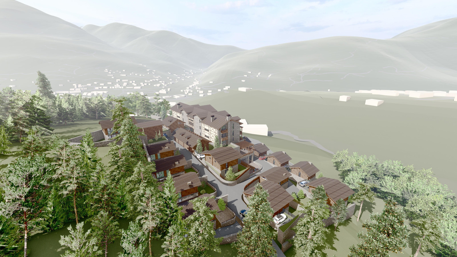 Cottages and the internal access road on the hillside