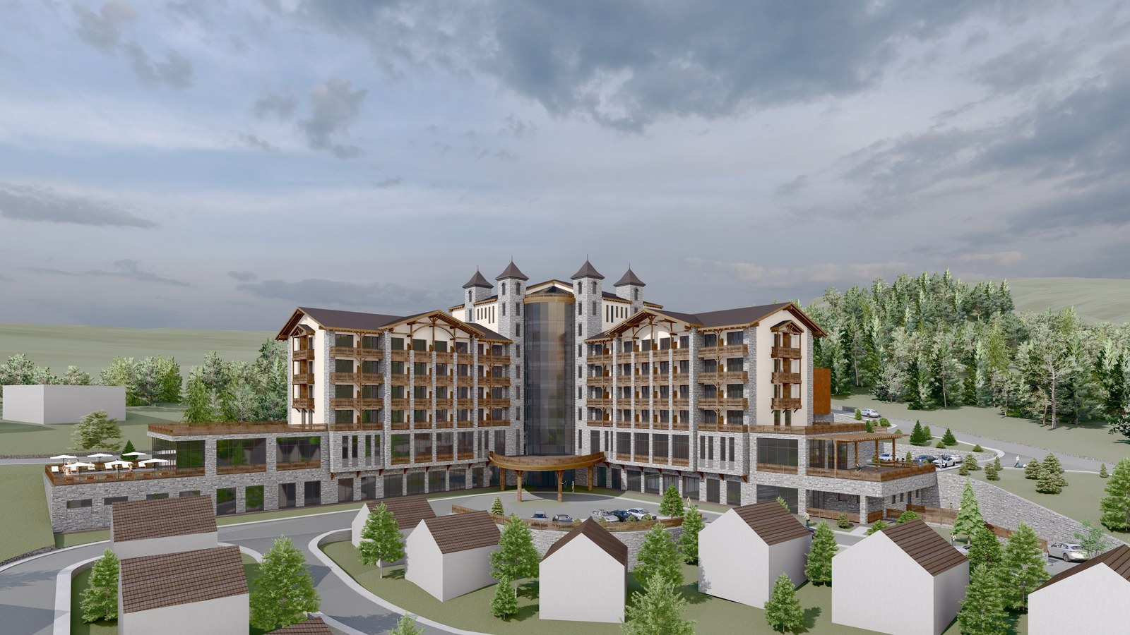 The main hotel building and cottages