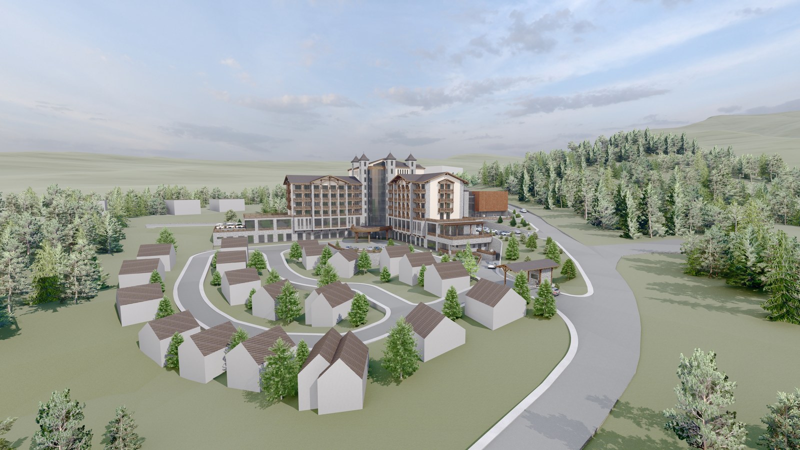 The hotel and cottages within the overall site layout